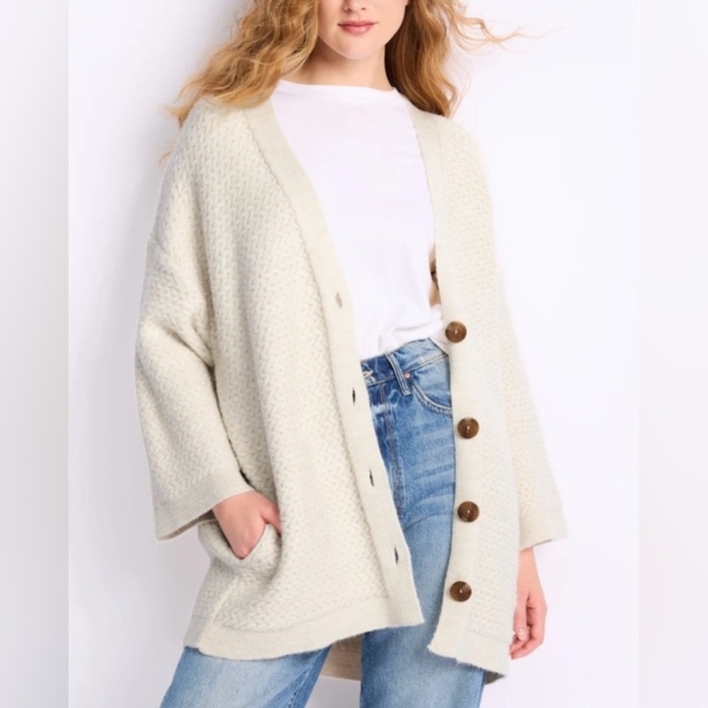 Free People Herringbone Button-Up Cardigan Ivory NWT Size L $168